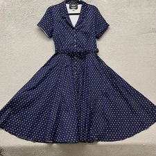 Modcloth x Collectif Dress Womens M Blue Polka Dot A Line Retro Belted Pockets