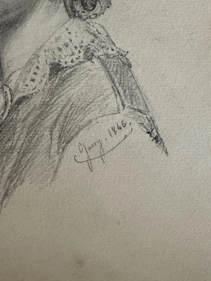 Very Fine Italian Portrait of a Young Woman Pencil Drawing Paper Florence 1866 - Image 3 of 4