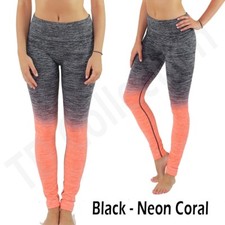 Women's Slim Two Tone Workout Full Length Yoga Pants Black + Neon Coral L