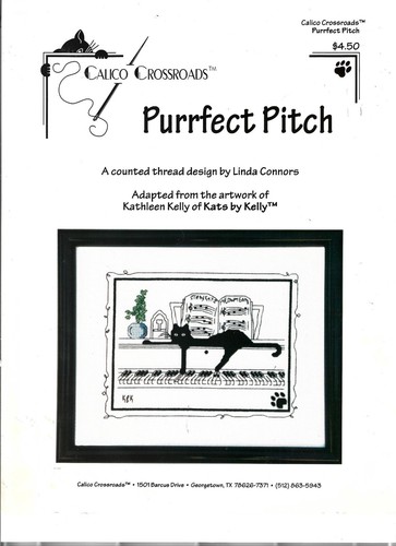 Purrfect Pitch Calico Crossroads Cat on Piano Cross Stitch Chart