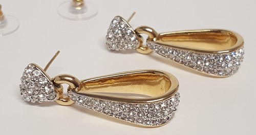Swarovski Swan Signed Crystal Earrings GP Dangle Door Knocker Vtg Elongated Hoop - Picture 10 of 19