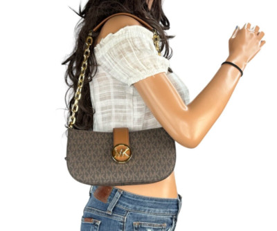 MICHAEL KORS CARMEN SMALL POUCHETTE SHOULDER CHAIN BAG MK BROWN