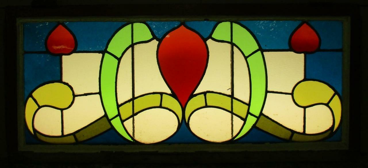 OLD ENGLISH LEAD STAINED GLASS WINDOW TRANSOM Edwardian Abstract 43.25