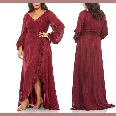 NWT Mac Duggal [ PLUS 14W ] Striped Faux Wrap Bishop Sleeve Gown Burgundy #S829