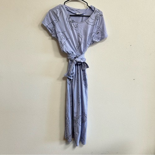 Find Womens Midi Dress Size XL Purple Novelty Face Print Wrap Front Short Sleeve - Picture 2 of 7
