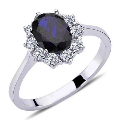 Halo Diamant Oval Saphir Entourage Ring 14 Karat Weißgold - Bild 1 von 3