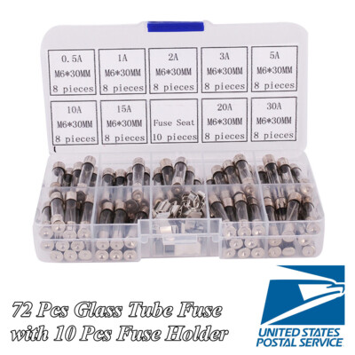 72 Pcs Mini Assorted Kit Glass Tube Fuse Box 250V 0.5A-30A For Car Caravan Boat