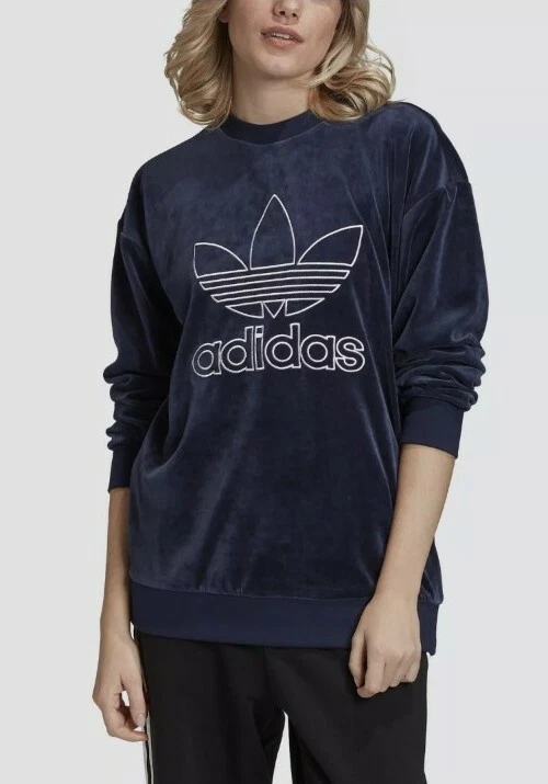 Adidas Trefoil Long Sleeve Sweatshirt Womens Small Velour Navy