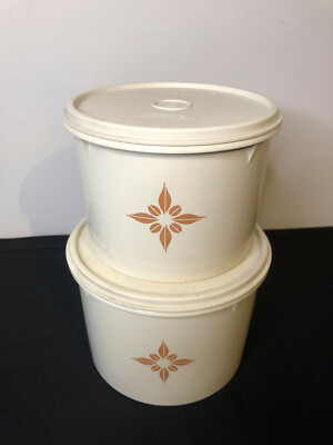 Set of 2 Vintage Tupperware Storage Containers Tan w/Brown Flower 227-48 264-19