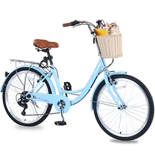 24" Women's Beach Cruiser 7-Speed, Stylish Light Blue, Rattan Basket Included