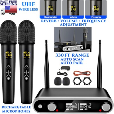 VOCAL KARAOKE WIRELESS MICROPHONE SYSTEM DUAL HANDHELD CORDLESS UHF REVERB 7 HRS