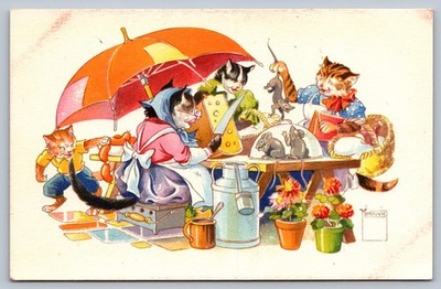 vintage POSTCARD cats buy cheese with mice/shoppers/sausage MINOUVIS