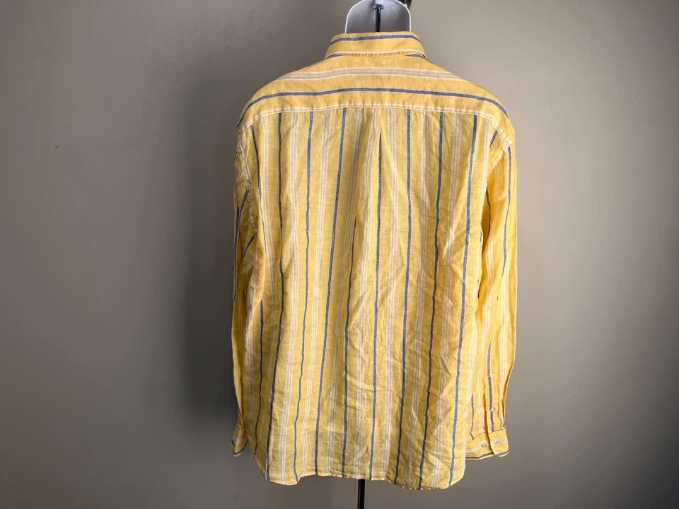 J. McLaughlin Men's yellow, blue & white striped 100% linen long sleeve shirt XL - Image 3 of 4