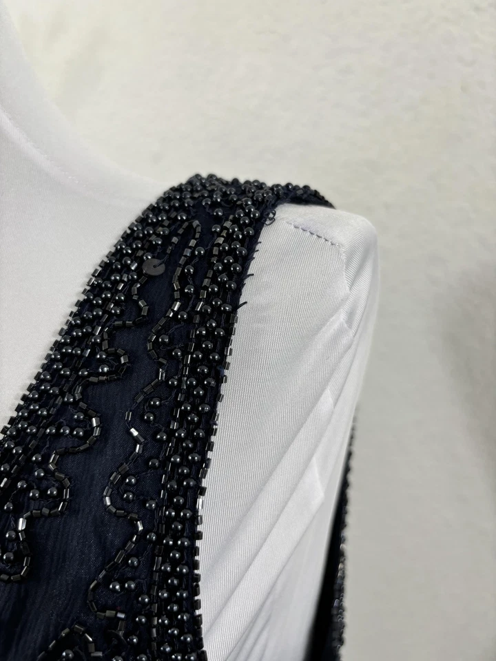 Vestido vintage Stenay para mujer mediano azul marino con cuentas sin mangas cuello en V cóctel Foto 3 de 4