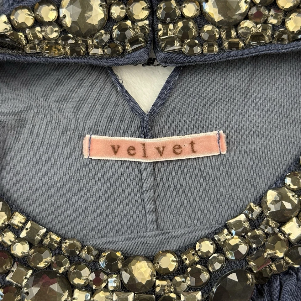 Velvet Brand Tunic Top S Navy Jeweled Neck Rayon Cotton Belt Loops Oversized - Image 2 of 4