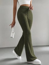 UK Women Ribbed Knit Stretch Elastic Waist Pants Casual Slim Flare Trousers 6-18