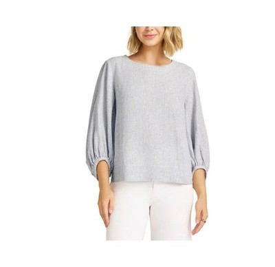 NWT Matty M Women's M  Grey Striped Linen-Blend Blouse  Puff Sleeve  B0977