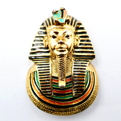 Eisenberg King Tut Pendant 2.5'' Enamel Gold Plated Signed 1970's Vintage