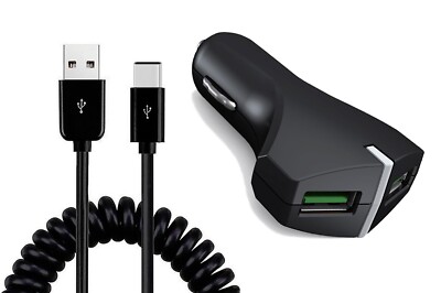 Car Charger 36W Fast 2-Port USB Coiled Cable Type-C Quick Charge DC for Tablets