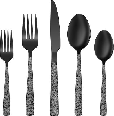 Black Hammered Silverware Set, 40-Piece Stainless Steel Square Flatware Set for