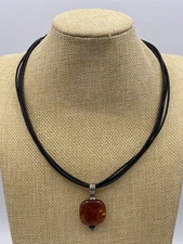 Silpada 925 Sterling Silver Amber Pendant Black Leather NecklaceN1285 15.5”-18”L