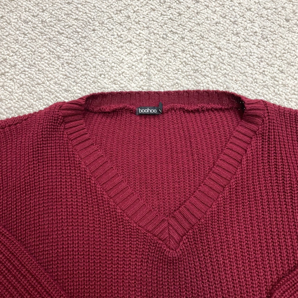 Vestido Suéter Túnica Boohoo Mujer Pequeño/Mediano Rojo Oscuro Tejido Cuello en V Pullover Foto 3 de 4