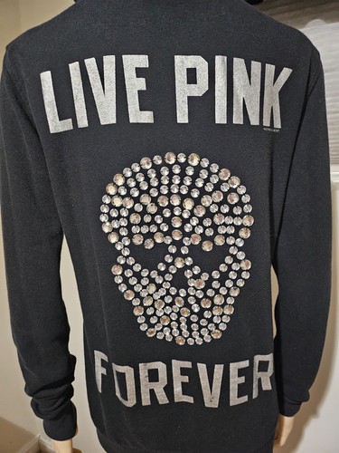 Victoria's Secret Live Pink Forever Rhinestone Skull Hoodie sz S Rare Black - Picture 12 of 17