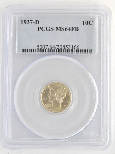 United States 1937-D Mercury Dime 90% Silver Denver Mint PCGS Grade MS64 FB Coin