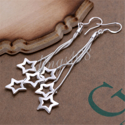 925 Sterling Silver Tarnish-Resist 3 Open Star 3'' Very Long Dangle Earrings C867