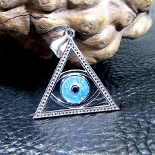 Solid 925 Sterling Silver Eye of Providence Pyramid Pendant w Blue or White Opal