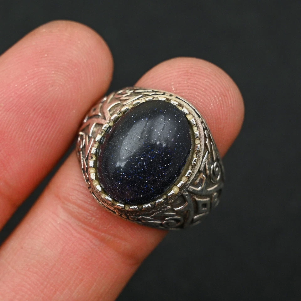 Anillo Sunstone para hombre de plata de ley 925 hecho a mano-anillo de declaración talla Al-BJ101 Foto 2 de 3