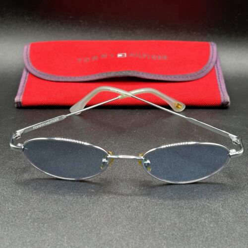 Tommy Hilfiger VTG Oval Sunglasses Silver w/ Blue Lenses Used w/ Case