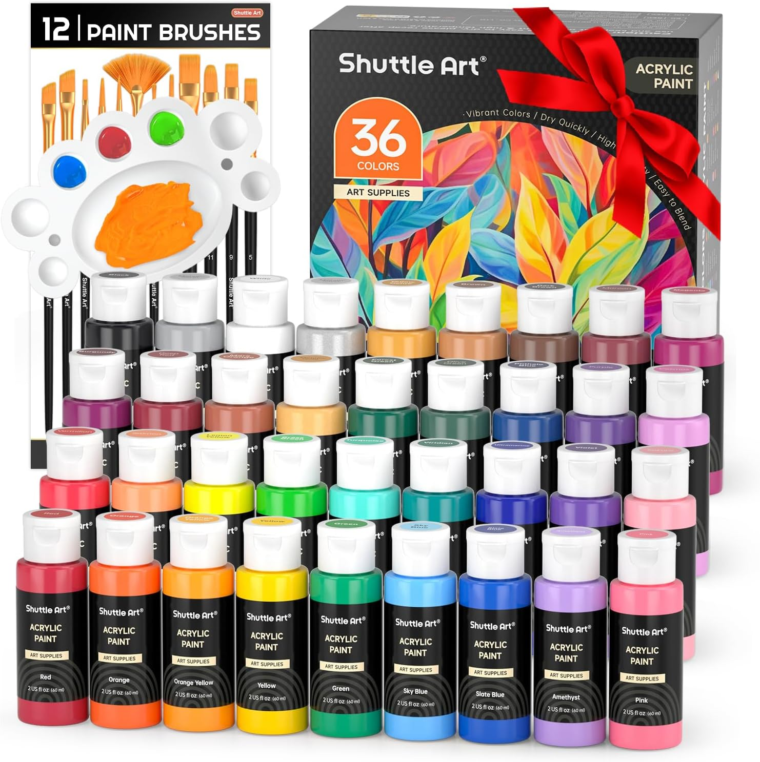 Acrylic Paint Set, 36 Colors Acrylic Paint with Brushes & Palette, 2Oz Bottles,