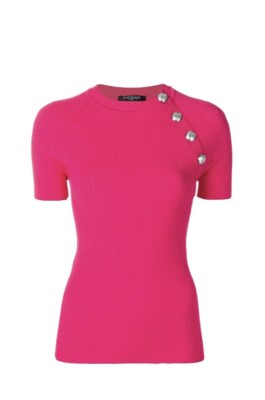 Balmain Hot Pink Knit Short Sleeve Top Shirt Silver Buttons Size 38 BNWT 
