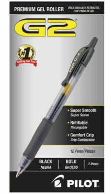 12 Pilot  G-2 g2 Retractable Gel Pens Bold Point 1.0 mm Clear Barrels Black Ink