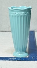 Vintage 10" Teal Blue Ceramic Vase Vertical Stripes Ruffle Top Roman Style