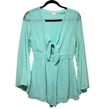 Altar'd State Mint Green Swiss Dot Tie Front Smocked Waist Chiffon Romper S