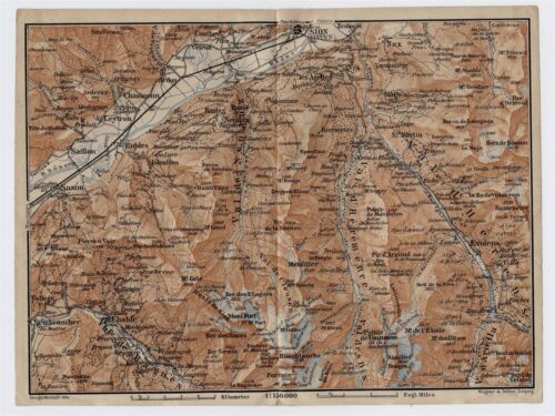1905 ORIGINAL ANTIQUE MAP OF VICINITY OF SION SAXON MONT FORT / SWITZERLAND - Picture 1 of 4