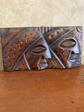 Wood Panel Relief Carving Tribal African Art 16” X 8” Faces Decorative Motif