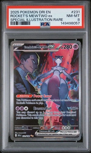 Pokemon Mewtwo EX Team Rockets Card 231/182 Sir Destined Rivals, PSA 8 SIR