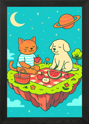Gerahmtes Wandbild Poster Leinwanddruck Bild Katze und Hund Picknick im Weltraum