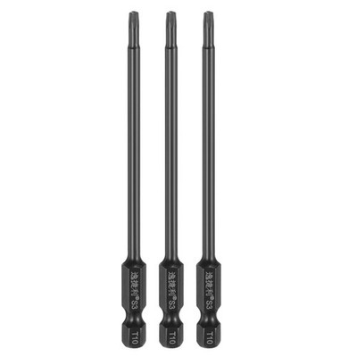 3pcs T10 Magnetic Torx Screwdriver Bits 1/4'' Hex Shank 100mm Length, Black