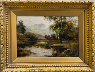 19th Century HIGHLAND LOCH LANDSCAPE SIGNED CARVED FRAME Antique Oil Painting