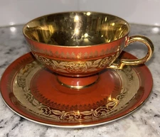 Rudolf Wachter RW Bavaria Gold Trim Red  Tea Cup & Saucer Vintage Hollywood