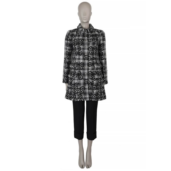 72786 Auth CHANEL Grey Wool 05A CAMELLIA TWEED Coat Jacket M