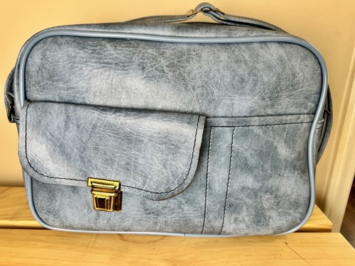 VTG Travel Overnight Bag Blue Faux Vinyl 60s Retro Airline Purse Diaper Luggage