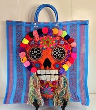 Handmade Mexican Tote Bag   Vibrant Embroidered Sugar Skull Design   18"x18"