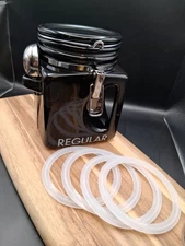 Vintage OGGI 6 inch Coffee Canister & Spoon Black - Plus 5 New Silicone Gaskets