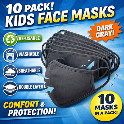 FACE MASKS 10 PACK FOR  KIDS Age 3-9 - Gray  Washable and Stretchable