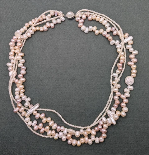 Vintage 4 Strand Genuine Cultured Freshwater Pearl Necklace 14/20 GF Clasp - product listing photo